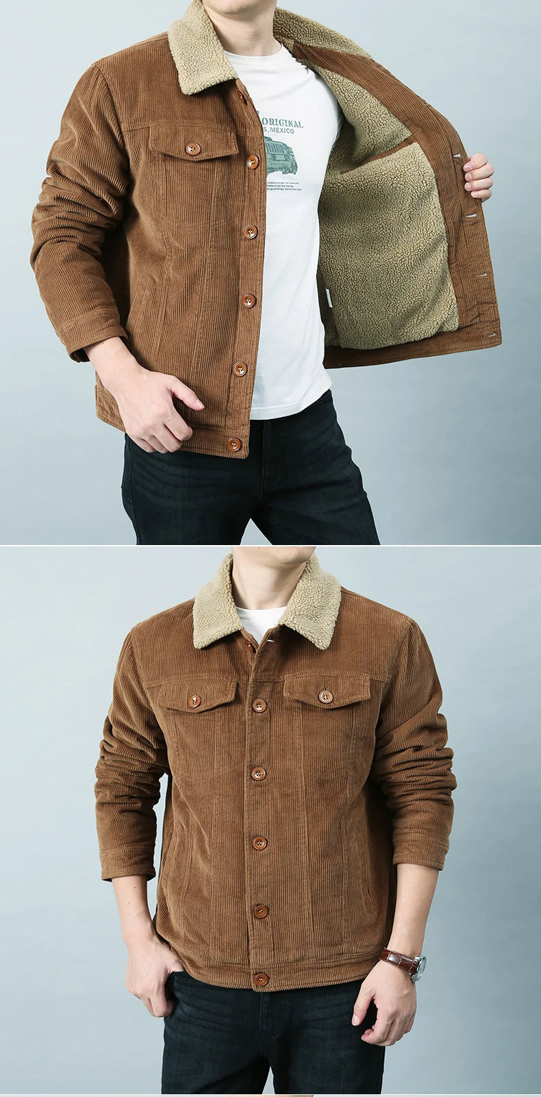 Men’s Workwear-Inspired Jacket with Sherpa Lining and Corduroy Finish