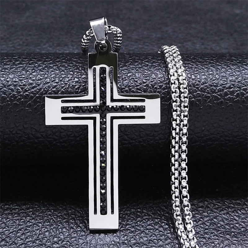 Colorful Gemstone Cross Pendant – Stainless Steel Necklace