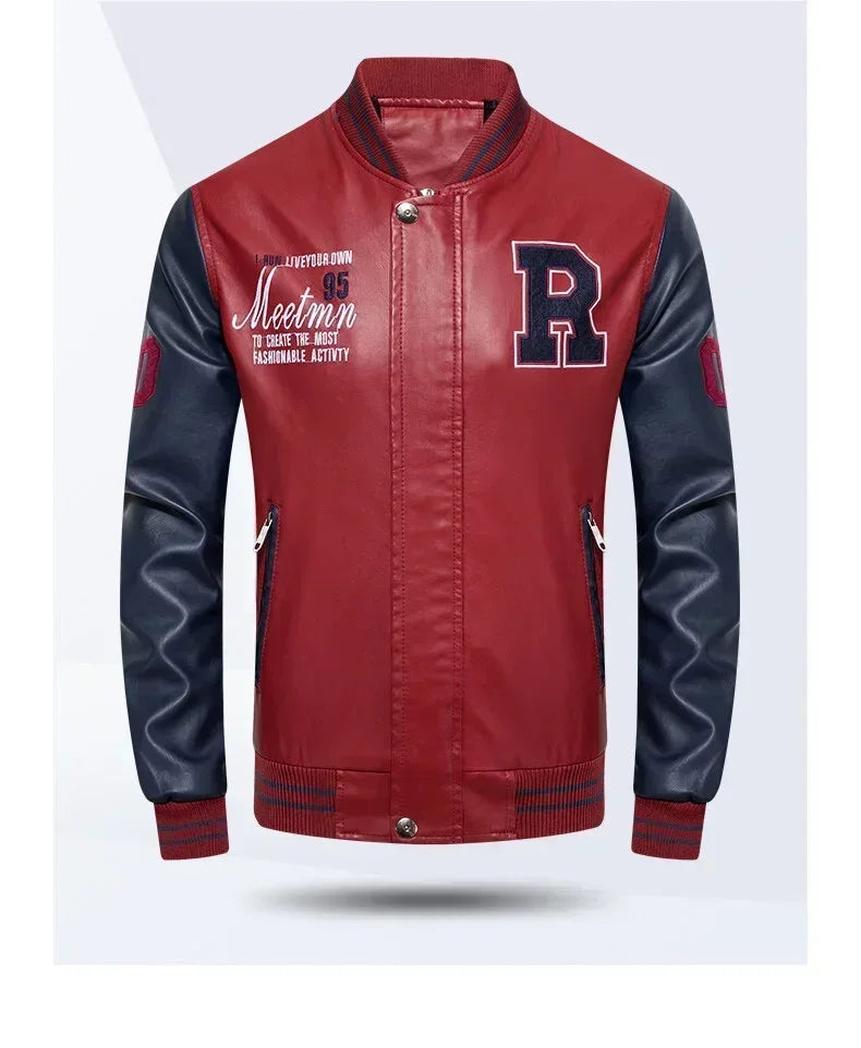 Men’s “R Varsity” Leather-Style College Jacket with Contrast Sleeves