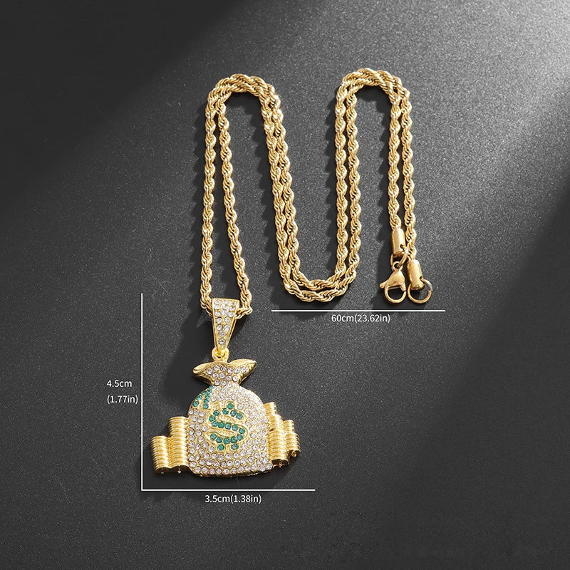 Men’s Hip Hop Necklace – Money Bag Pendant with Stones