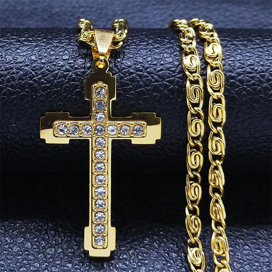 Stainless Steel Zircon Cross Necklace Chain Pendant For Men
