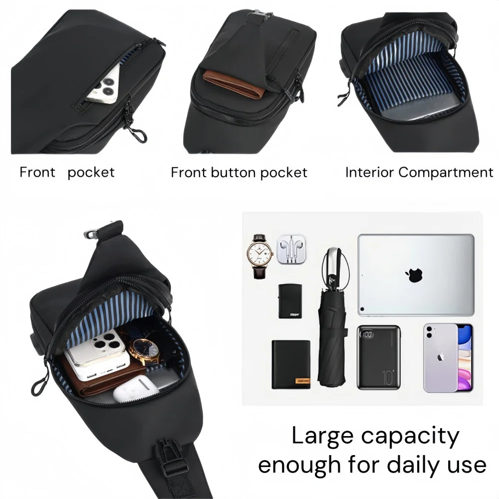 Men’s Anti-Theft Sling Bag with USB Charging Port – Waterproof Crossbody Chest Bag