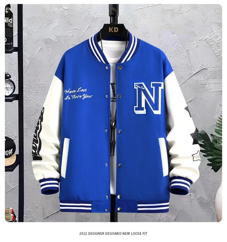 Men’s Varsity College Jacket with Embroidered Details and Snap Button Closure