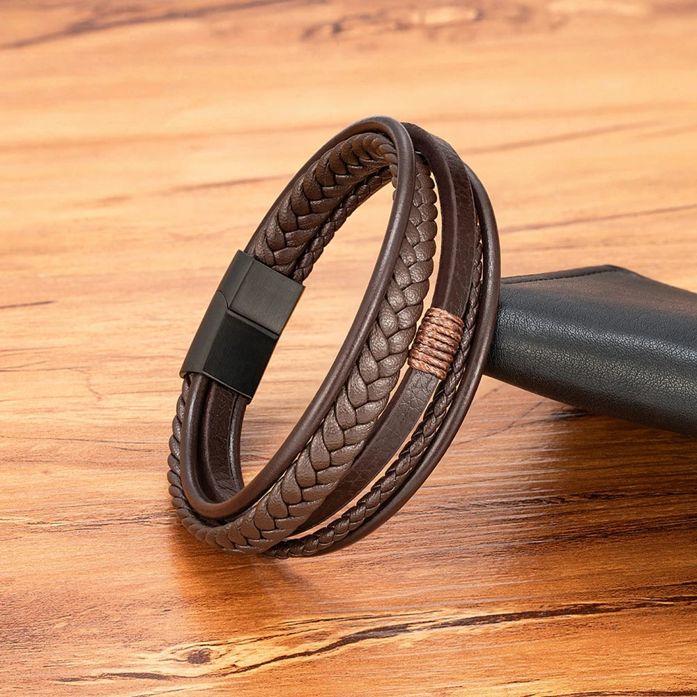 Men’s Triple Braided Leather Bracelet with Magnetic Clasp