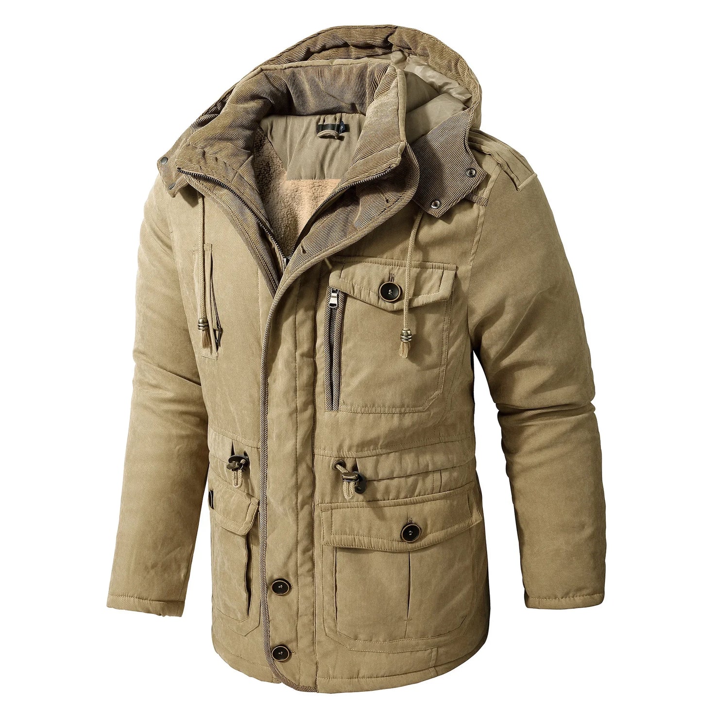 Men’s Quilted Jacket with Hood and Multiple Functional Pockets