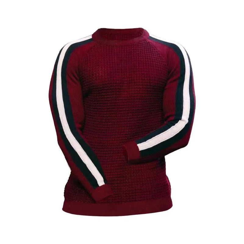 Men’s Athletic Ribbed Knit Sweater with Striped Sleeves – Sleek Casualwear with a Sporty Edge