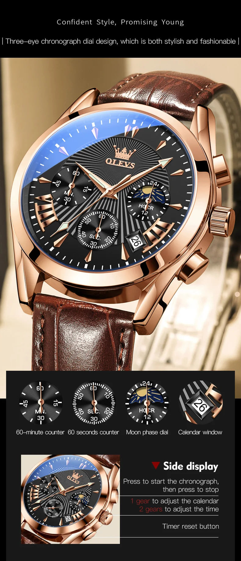 Men’s Luxury Chronograph Watch with Moon Phase and Leather Strap