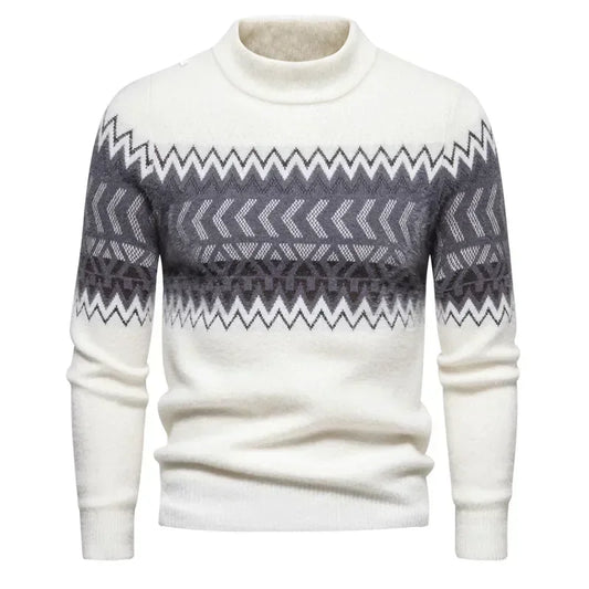 Men’s Crew Neck Patterned Knit Sweater – Minimalist Style with Geometric Detailing