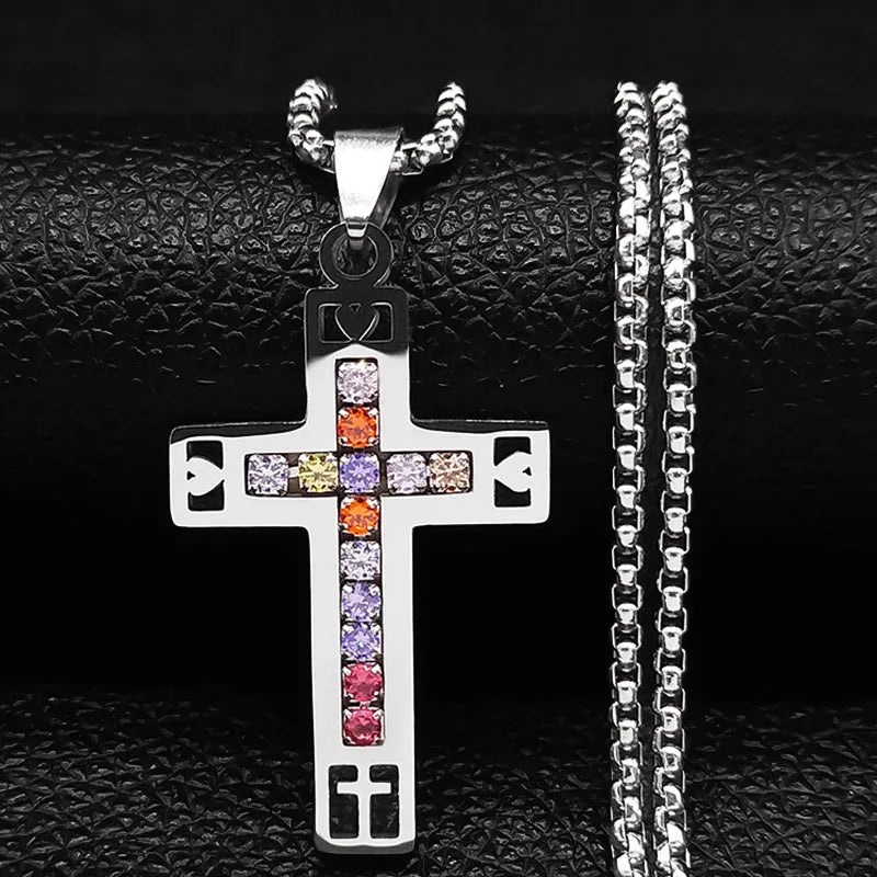 Colorful Gemstone Cross Pendant – Stainless Steel Necklace