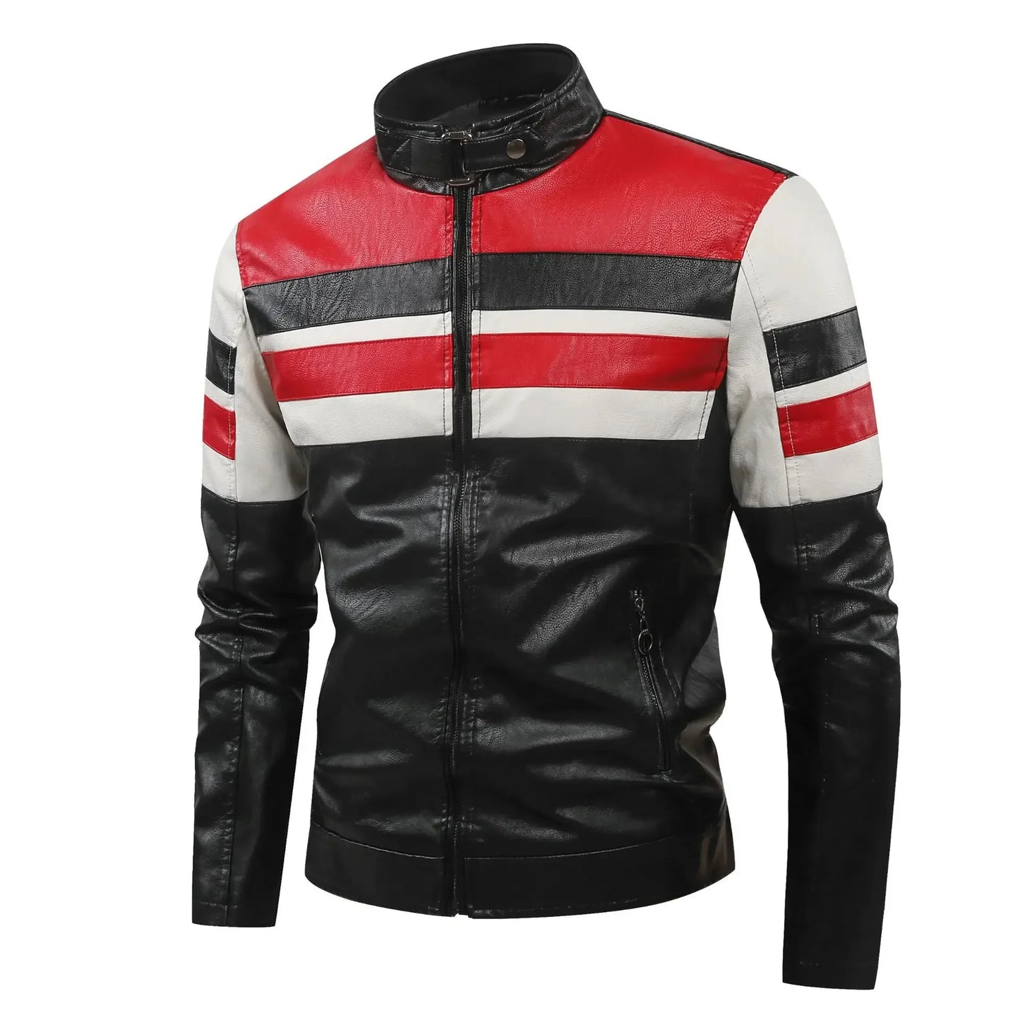 Men’s Biker-Style Jacket with Contrasting Panels and Functional Zippers