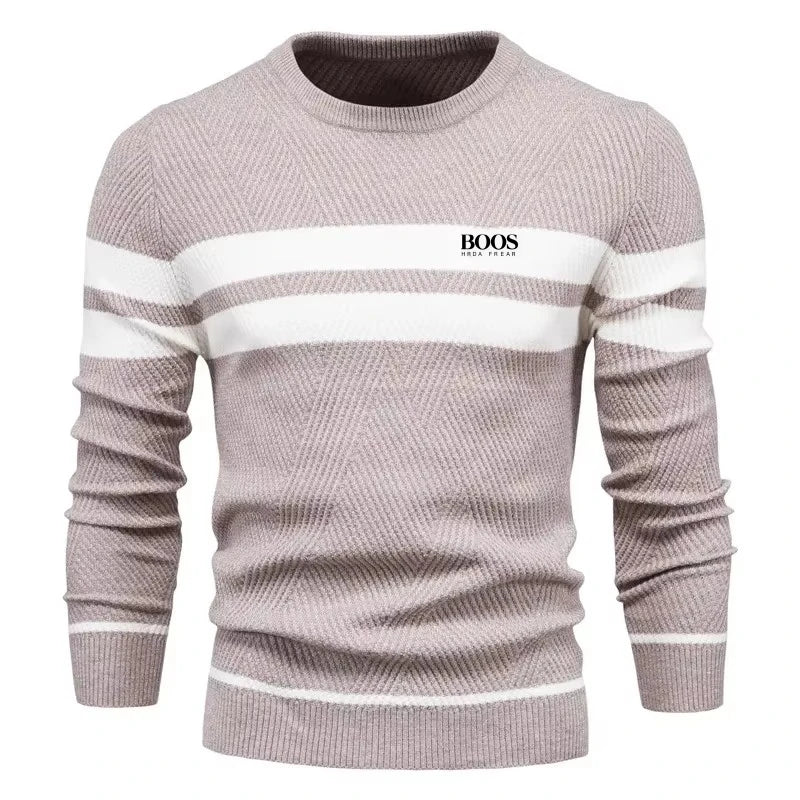 Men’s Slim Fit Knit Sweater – Warm Patchwork Pullover with Crew Neck & Long Sleeves