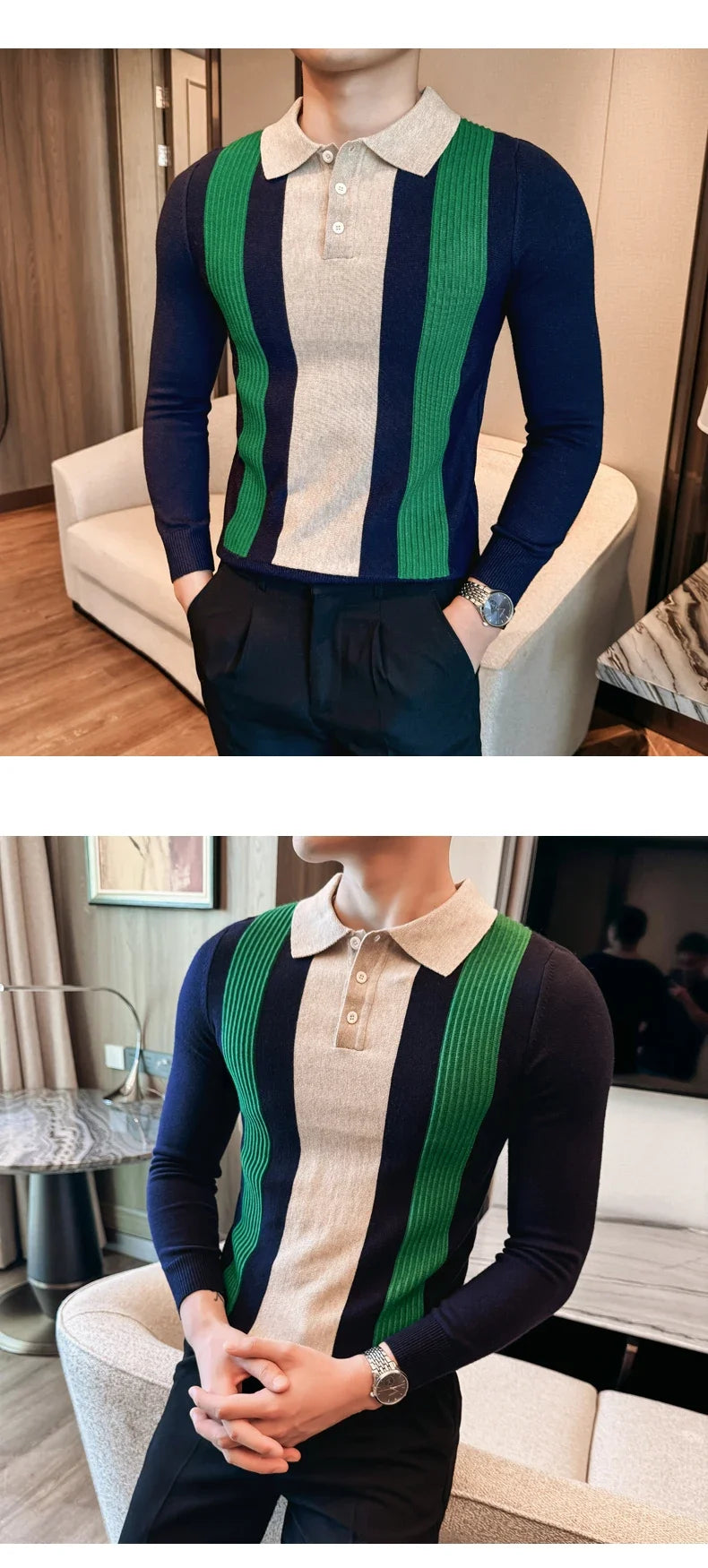 Men’s Retro-Style Long Sleeve Polo with Slim Fit
