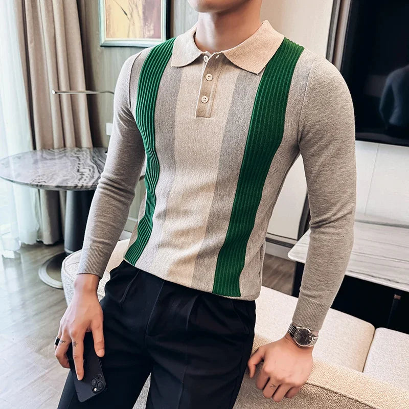 Men’s Retro-Style Long Sleeve Polo with Slim Fit