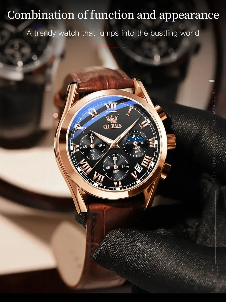 Luxury Men’s Watch with Calendar and Moon Phase Display