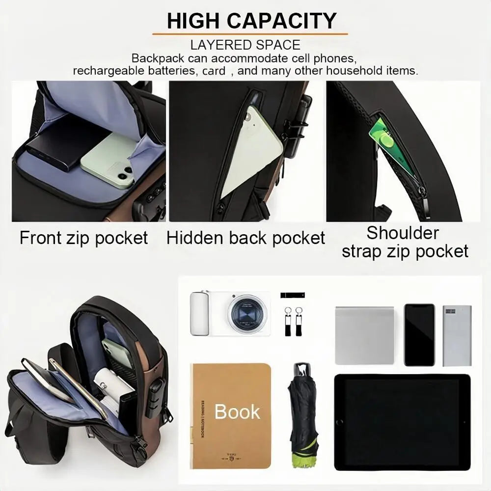 Men’s Anti-Theft Crossbody Sling Bag – USB Charging Chest Pack for Travel, Work & Everyday Carry