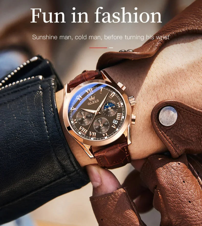 Luxury Men’s Watch with Calendar and Moon Phase Display