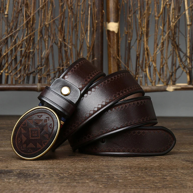 Men’s Leather Belt with Oval Buckle and Geometric Design