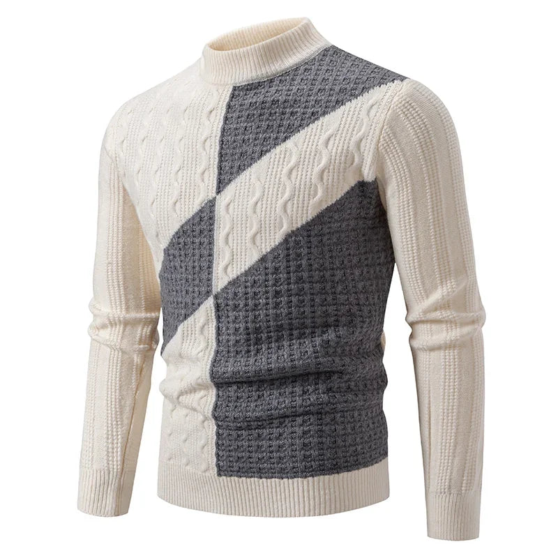 Men’s Slim Fit Patchwork Knit Sweater – Modern Textures for Smart Casual Looks