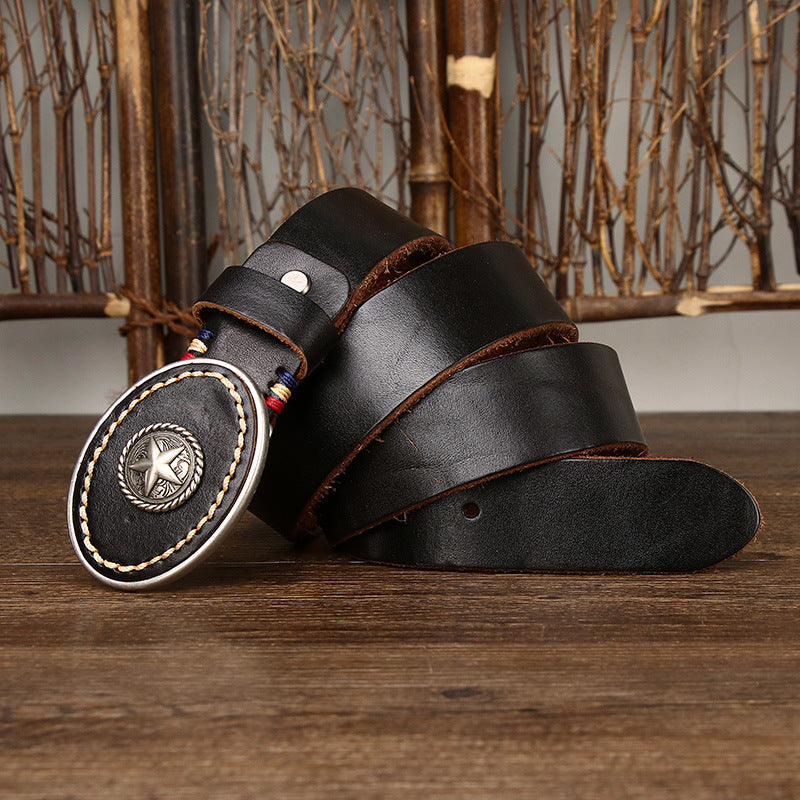 Men’s Leather Belt with Oval Star Buckle – Country Style