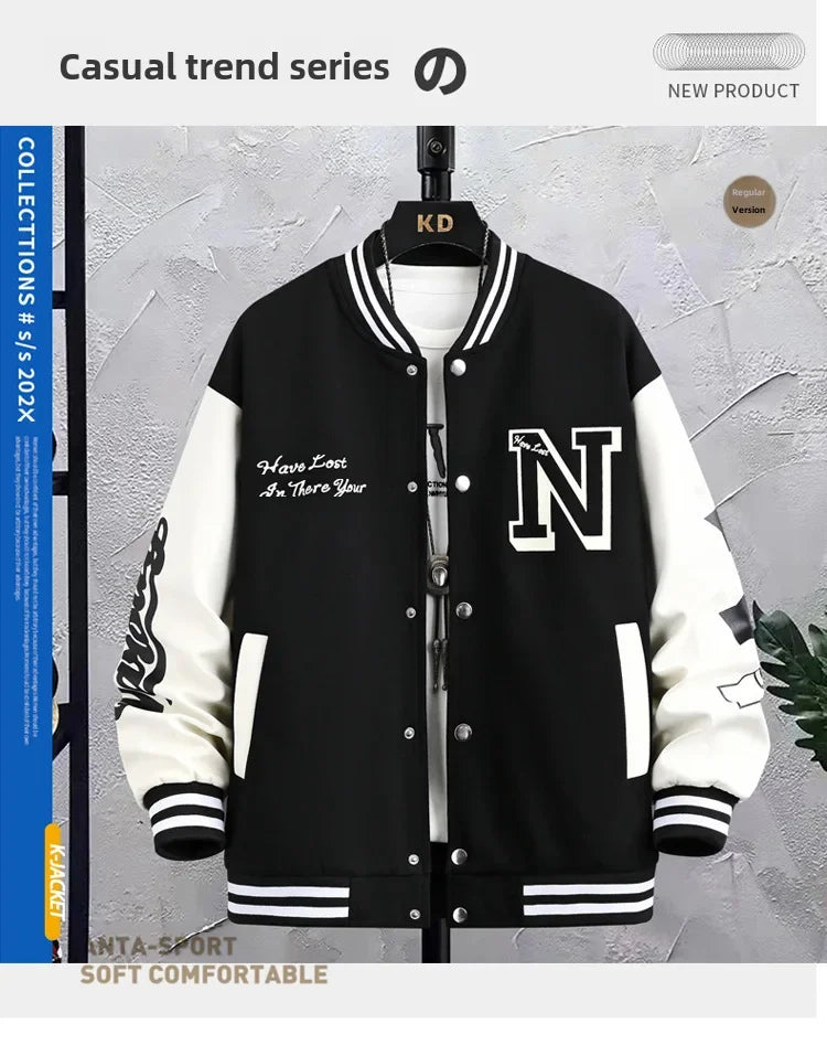 Men’s Varsity College Jacket with Embroidered Details and Snap Button Closure
