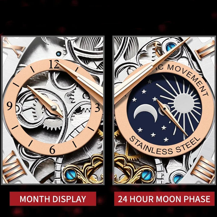 Luxury Mechanical Men’s Watch with Skeleton Design and Moon Phase