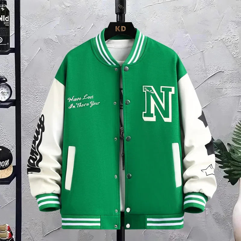 Men’s Varsity College Jacket with Embroidered Details and Snap Button Closure
