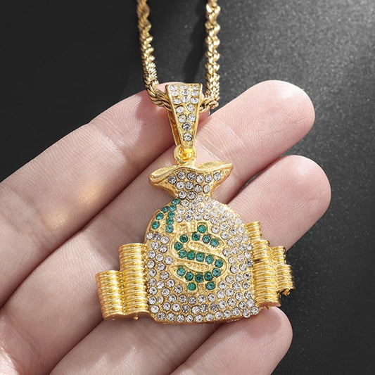 Men’s Hip Hop Necklace – Money Bag Pendant with Stones