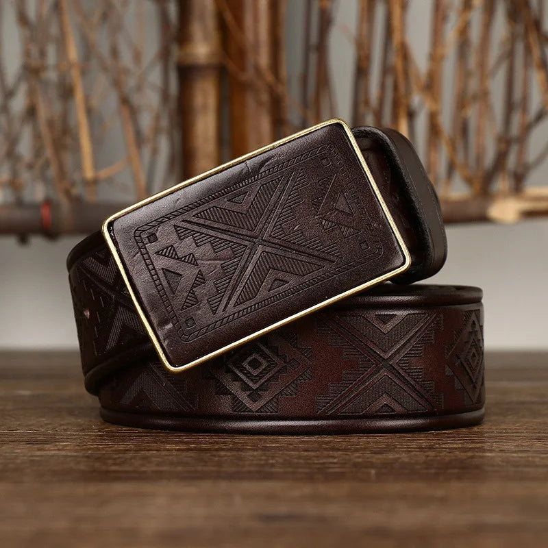 Men’s Leather Belt with Engraved Buckle – Rustic Style