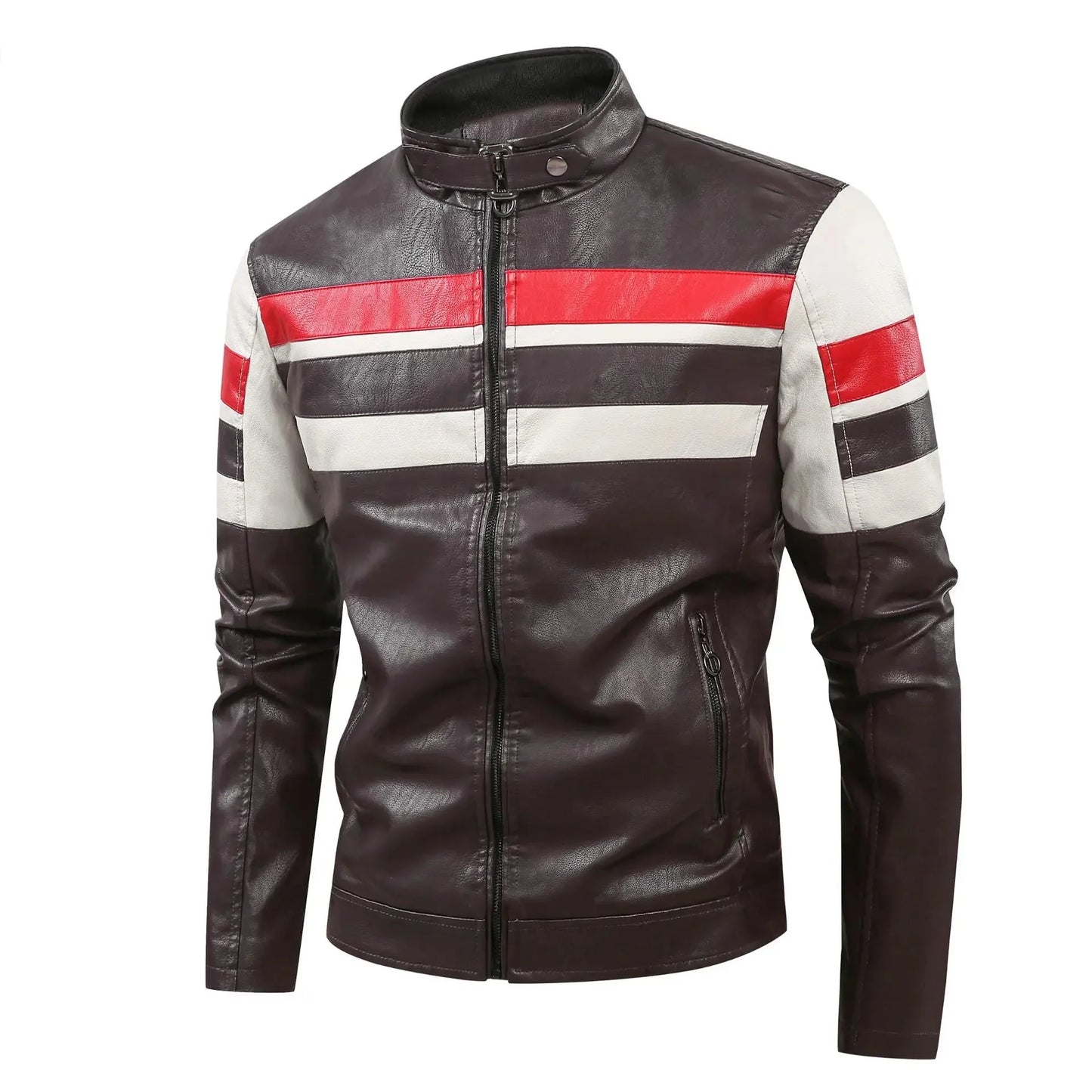 Men’s Biker-Style Jacket with Contrasting Panels and Functional Zippers