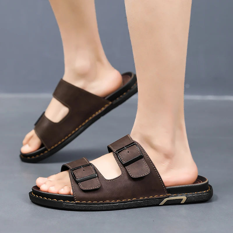 Men’s Leather Sandals with Adjustable Double Buckle – Classic and Comfortable
