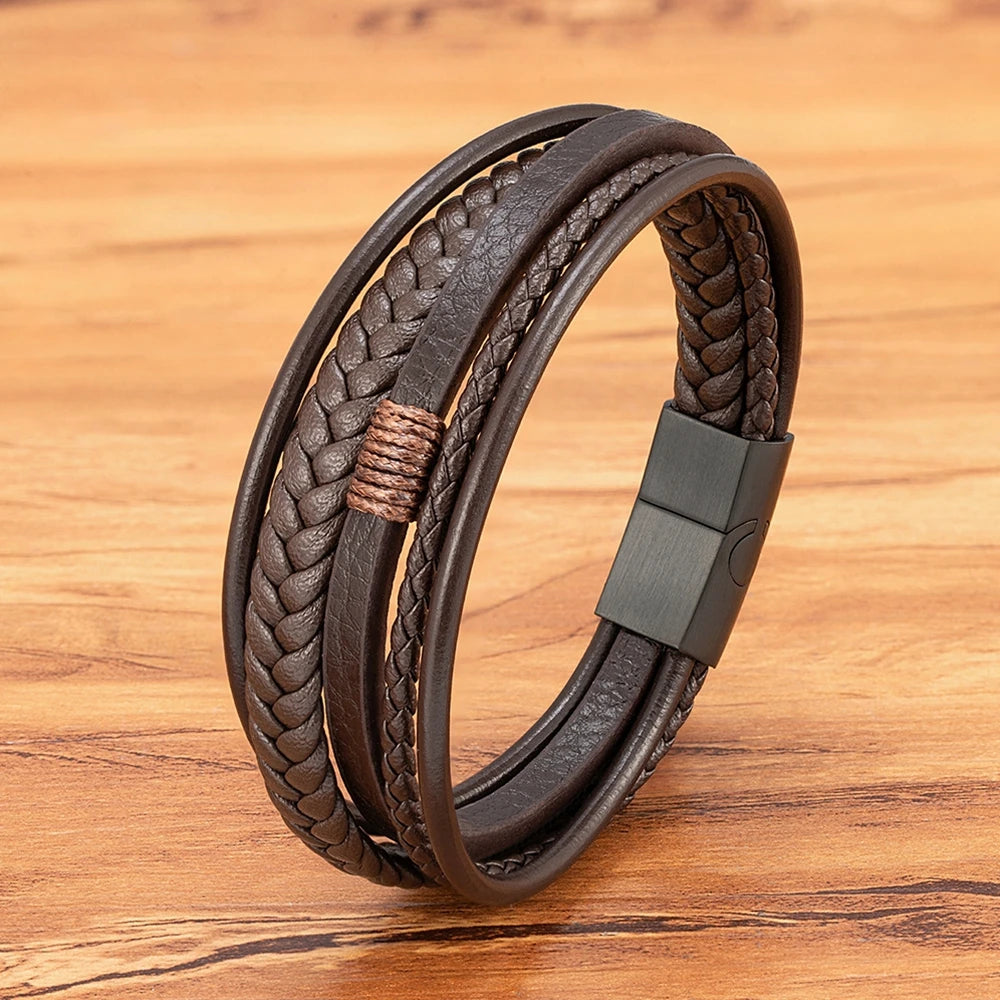 Men’s Triple Braided Leather Bracelet with Magnetic Clasp