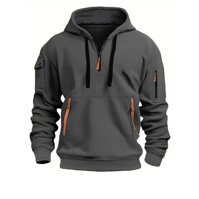 Men’s Tactical Hoodie with Contrast Zippers and Sleeve Pocket