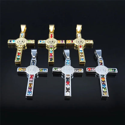 Colorful Gemstone Cross Pendant – Stainless Steel Necklace