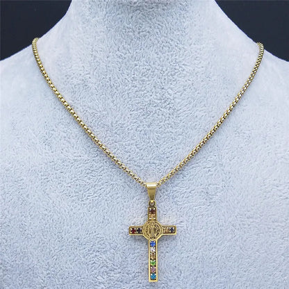 Colorful Gemstone Cross Pendant – Stainless Steel Necklace