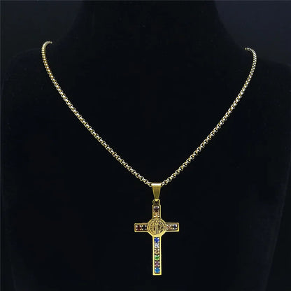 Colorful Gemstone Cross Pendant – Stainless Steel Necklace