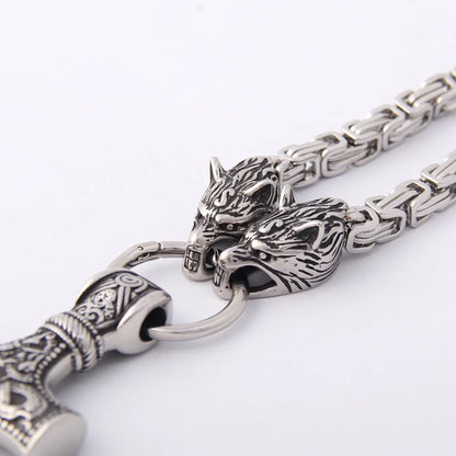 Men’s Viking Necklace – Thor’s Hammer with Wolves