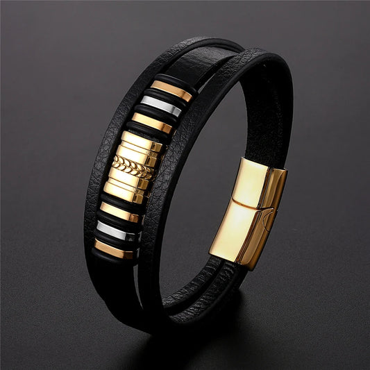 Men’s Leather Bracelet with Gold Accents – Modern Double Layer Design