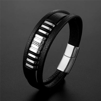 Men’s Leather Bracelet with Gold Accents – Modern Double Layer Design