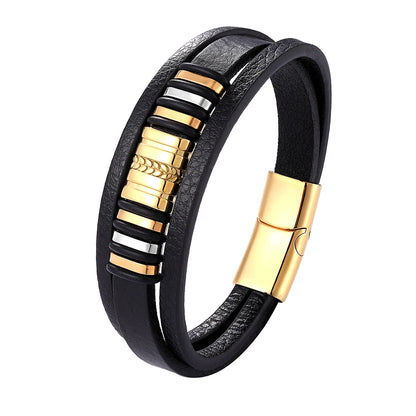 Men’s Leather Bracelet with Gold Accents – Modern Double Layer Design