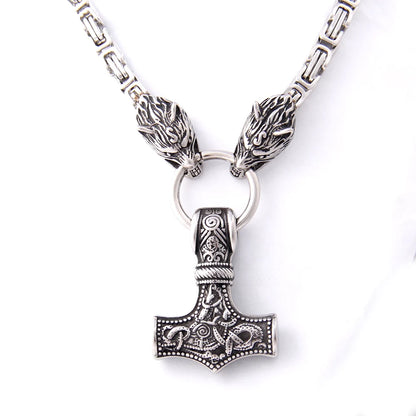 Men’s Viking Necklace – Thor’s Hammer with Wolves