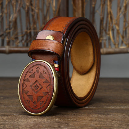 Men’s Leather Belt with Oval Buckle and Geometric Design