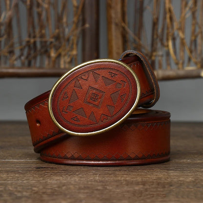 Men’s Leather Belt with Oval Buckle and Geometric Design