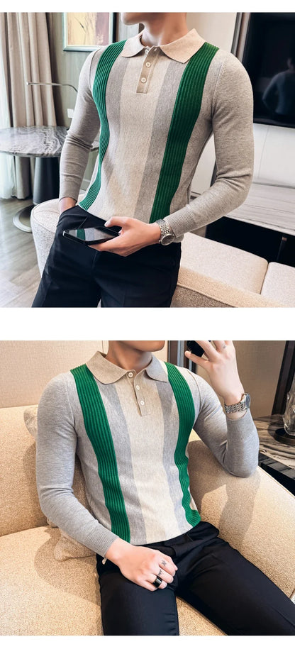 Men’s Retro-Style Long Sleeve Polo with Slim Fit