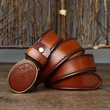 Men’s Leather Belt with Oval Buckle and Geometric Design