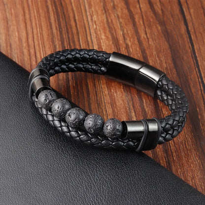 Men’s Braided Leather Bracelet with Bead Detail