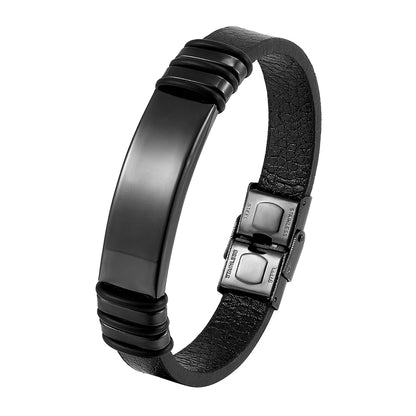 Men’s Leather Bracelet with Stainless Steel Plate – Minimalist