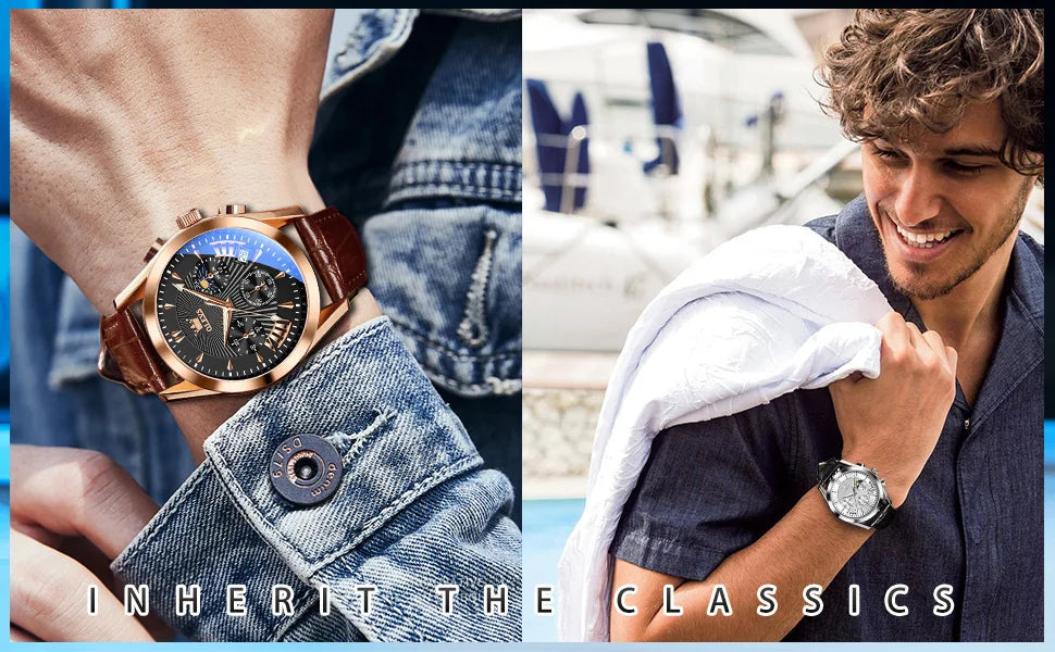Men’s Luxury Chronograph Watch with Moon Phase and Leather Strap
