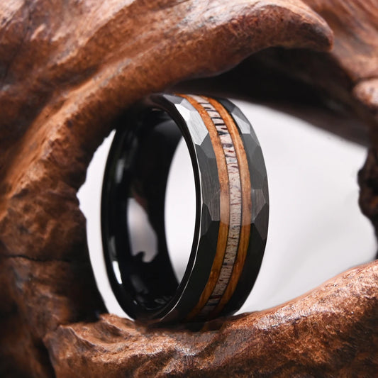 8mm Black Tungsten Carbide Men's Ring Barrelwood and Antler Inlay Men's