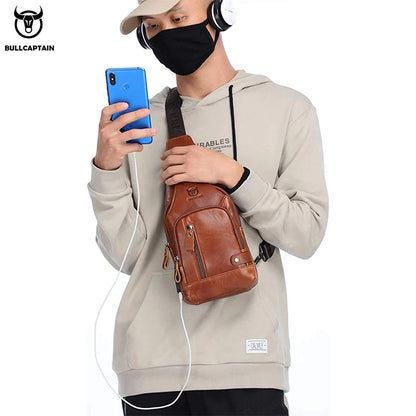 Bullcaptain Men’s Leather Sling Bag – USB Charging Crossbody Chest Pack for Travel, Work & Casual Use
