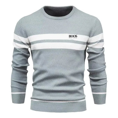Men’s Slim Fit Knit Sweater – Warm Patchwork Pullover with Crew Neck & Long Sleeves